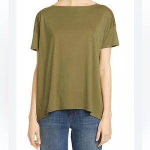 EILEEN FISHER Tencel Bateau Boat Neck Tee Olive Green Quiet Luxury Size Small